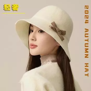 Легкая роскошная шерстяная шляпа высокого качества, женская осенне-зимняя теплая шляпа с бантом, универсальная однотонная шляпа M56-58cm чёрный