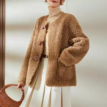 Легкая роскошная шуба из ягненка с круглым вырезом, женская короткая, с небольшой стрижкой овец, с интегрированным мехом S recommends 90-58kg