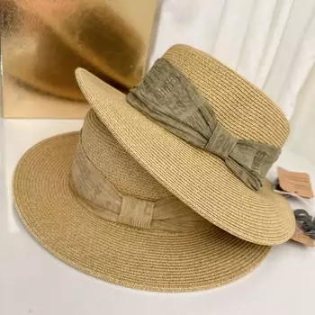 Легкая роскошная соломенная шляпа с плоским верхом и лентой для женщин, летняя пляжная шляпа от солнца, интернет-знаменитость, соломенная шляпа-цилиндр M56-58cm жёлтый