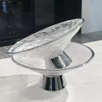 Легкая роскошная стеклянная тарелка для фруктов в гостиную, тарелка для орехов, десертов, конфет, закусок, домашняя кухонная посуда, креативная высокая фруктовая тарелка