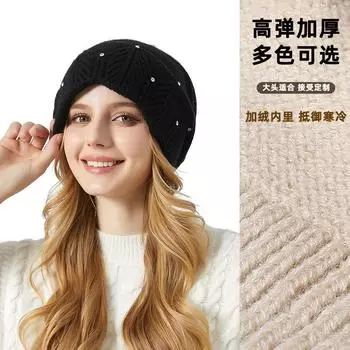 Легкая роскошная утолщенная кружевная шапка с кроличьей шерстью, женственная, универсальная, для лица, маленькая бархатная вязаная шапочка с ворсом, прилив M56-58cm чёрный