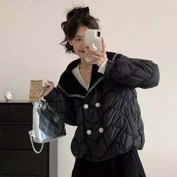 Легкая роскошная женская короткая куртка-пуховик Xiaoxiang 2024 года, новая мода, темно-синий воротник, жемчужная пряжка, маленькая теплая куртка M белый