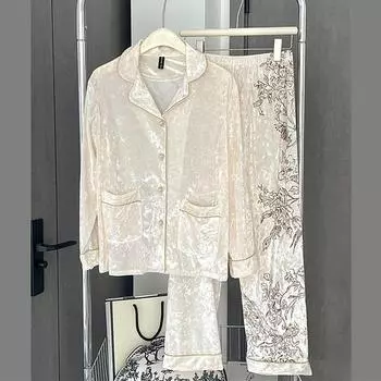 Легкая роскошная женская пижама из золотого бархата с толстым цветочным принтом, комплект для сна на весну и осень с длинными рукавами, домашняя одежда M