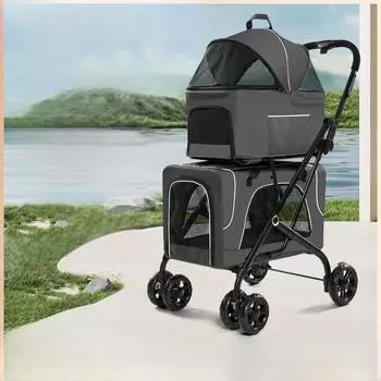 Легкая складная двухслойная тележка для мелких собак и кошек - тележка для путешествий на открытом воздухе 640*510*1050 mm темно-синий