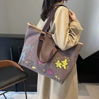 Легкая сумка через плечо с принтом, женская сумка-тоут большой вместимости, студенческая сумка для путешествий, холщовая сумка чёрный