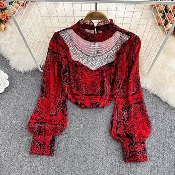 Легкая вареная Fengmu с воротником-стойкой и свободными рукавами-пузырьками, сетчатая шифоновая рубашка с вышивкой ногтей и бусинами, женская зарубежная шикарная весенняя рубашка