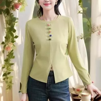 Легкая женская футболка с длинными рукавами в китайском стиле с пуговицами, весенний новый дизайн, нижняя рубашка S
