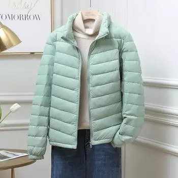 Легкая женская куртка-пуховик, короткая, переносная, осенне-зимняя, воротник-стойка, большой размер 90, белая, на утином пуху, маленькая, повседневная куртка M 80-47.5 kg светло-розовый