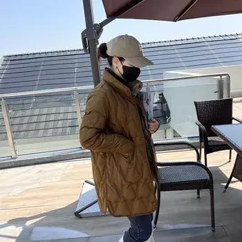 Легкая женская куртка-пуховик, осенняя, новая, подходящая по цвету одежда, средняя и длинная, женская белая куртка-стойка на утином пуху с обеих сторон M темно-коричневого