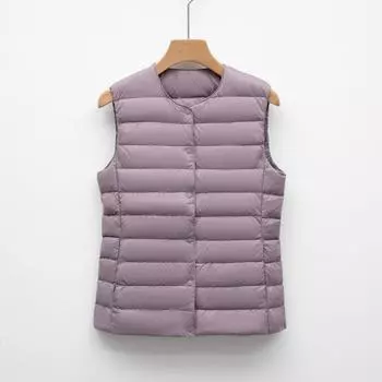Легкая женская куртка-пуховик с коротким круглым вырезом, теплая жилетка с пуховой подкладкой, осенне-зимняя, без воротника, облегающая куртка большого размера M светло-фиолетовый