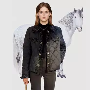 Легкая женская куртка-пуховик с отложным воротником, однобортная, свободная, прямая, осенне-зимняя, белая, пуховая куртка с узором Lingge S чёрный