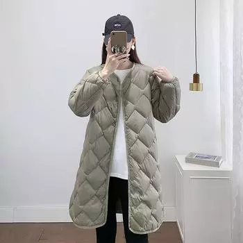 Легкая женская куртка-пуховик средней и длинной длины 2024 года, новая корейская версия, с V-образным вырезом, ромбовидная, тонкая куртка без воротника, подкладка прилив L чёрный