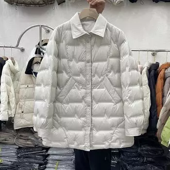 Легкая женская куртка-пуховик средней и длинной длины 2024 года, женская новая мода, воротник-рубашка из прессованной резины, белое зимнее пальто на утином пуху M бежевый