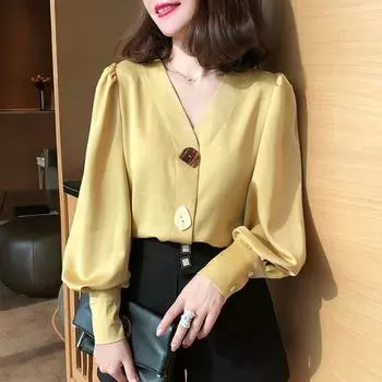 Легкая зрелая женщина ретро-ракушка пуговицы V-образный вырез осенняя пышная блузка с рукавами-фонариками M жёлтый