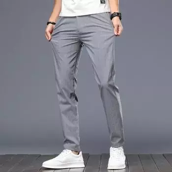 Легкие деловые брюки в тонкую полоску в клетку, мужские летние брюки из ледяного шелка, корейские молодежные универсальные облегающие городские повседневные мужские брюки 28