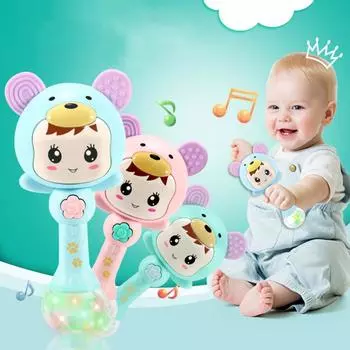 Легкие детские вокальные погремушки мобильные игрушки с ритмом светодиодные светящиеся погремушки музыкальные песочные молотки мягкие прорезыватели детские игрушки розовый