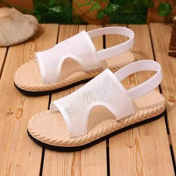 Легкие модные сандалии на плоской подошве, новые однотонные римские туфли с эластичной сеткой сзади 36 чёрный