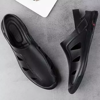 Легкие мужские летние туфли, полые дышащие мужские сандалии, нескользящие мужские кожаные туфли на плоской подошве с мягкой подошвой, тапочки ручной работы 38 чёрный