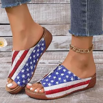 Легкие нескользящие женские босоножки на танкетке, модные тапочки на платформе с принтом флага, женские летние повседневные пляжные шлепанцы 2025 года 36 синий
