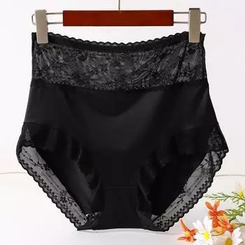 Легкие роскошные атласные трусики с высокой талией из мягкой эластичной сетки с кружевом, сексуальное женское нижнее белье больших размеров L чёрный