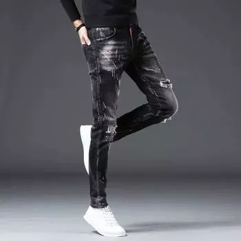 Легкие роскошные джинсы с чернилами, мужские трендовые брюки, тонкие брюки с маленькими штанинами, мужские брюки с нашивками в стиле ретро 29 чёрный