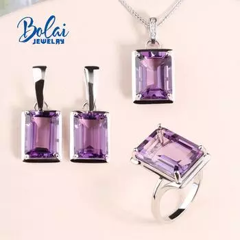 Легкие роскошные кольца с натуральным бразильским аметистом, серьги, подвеска, комплект ювелирных изделий из серебра 925 пробы, женский подарок на годовщину праздника US RING SIZE 7# фиолетовый