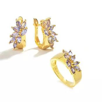 Легкие роскошные кольца с натуральным танзанитом, серьги, комплект ювелирных изделий, изысканные украшения, покрытие из желтого золота 18 карат, женская одежда на годовщину, подарок на помолвку us ring size 6# синий