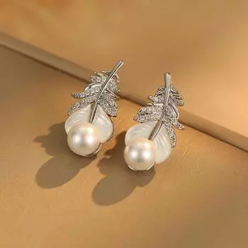 Легкие роскошные перья показывают темперамент жемчужные серьги-гвоздики женские перламутровые персонализированные серьги изысканные слегка инкрустированные бриллиантами серьги