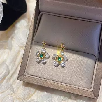Легкие Роскошные Серьги-Цветы в Дворцовом Стиле с Изумрудами и Бриллиантами Цветочная Подвеска Темпераментная Мода