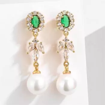 Легкие роскошные серьги из изумруда и циркония в корейском стиле, простые длинные серьги из жемчуга для женщин Rhodium Plated