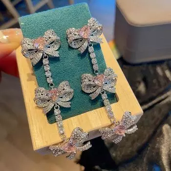 Легкие роскошные серьги с кисточками и бантом, длинные серьги Love Zircon, женские темпераментные популярные ювелирные изделия розовый