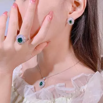 Легкие роскошные ювелирные изделия S925 Серебряные серьги-иглы из циркония Ожерелье с изумрудом и каплями воды Цвет сокровище Кровь голубя Красное кольцо