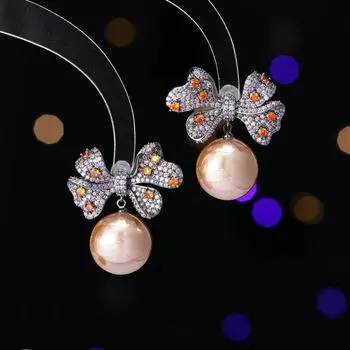 Легкие роскошные высококачественные серьги с инкрустацией из меди и циркония, модные и элегантные серьги-игл с жемчугом в форме банта из серебра 925 пробы