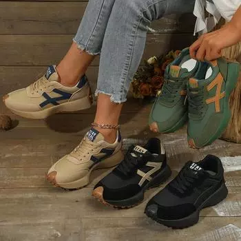 Легкие женские кроссовки для бега — повседневные туфли Dad Shoes со шнуровкой, универсальной плоской подошвой, дышащей тканью и верхом из искусственной кожи 35 чёрный