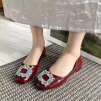 Легкие женские туфли с круглым носком, женские туфли на плоской подошве, повседневные туфли на плоской подошве, женские туфли с квадратными пуговицами и кристаллами, с мягкой подошвой 35 красный