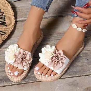 Легкие женские туфли с открытым носком, женские тапочки, повседневные тапочки для улицы, женские разноцветные цветочные тапочки больших размеров на плоской подошве с сандалиями 36 белый