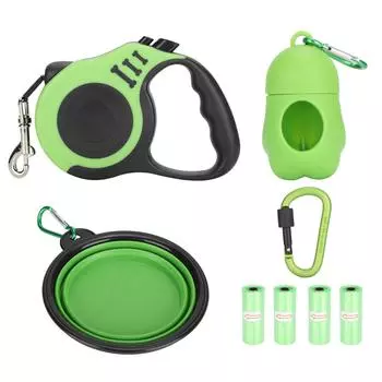 Легкий 5-метровый выдвижной поводок для собак с диспенсером для складной миски, пакетами для мусора и застежкой, зеленый зелёный