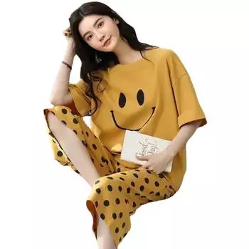 Легкий хлопковый комплект из двух предметов: топ с короткими рукавами и повседневные брюки с семью точками для женщин с принтом M