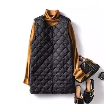 Легкий и тонкий пуховик с круглым вырезом, новинка 2024 года, женский жилет двойного назначения с V-образным вырезом, внутренний слой со средней и длинной пуховой вставкой. S чёрный