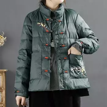 Легкий и тонкий пуховик с принтом на пуговицах и воротником-стойкой, женская литературная ретро-свободная повседневная куртка на утином пуху, зимняя M красный