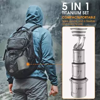 Легкий набор из 5 предметов Ti, кастрюля Ti 750 мл, чашка для воды 450 мл и 350 мл со складной ручкой 750ml Pot & 450ml and 300ml Cup & Spork