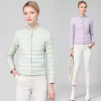 Легкий пуховик на белом утином пуху для женщин. Облегающая и теплая короткая куртка с круглым вырезом для легкой и удобной внутренней подкладки. 3XL