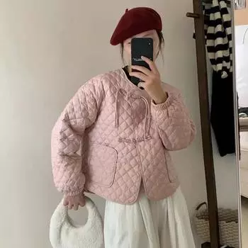 Легкий пуховик с круглым вырезом и ромбом для женщин 2024 года, зимнее новое теплое маленькое свободное повседневное милое пальто прилив S
