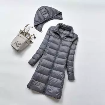 Легкий пуховик средней и длинной длины для женщин 2019 года, зимняя облегченная и тонкая, большого размера с капюшоном, легкий белый утиный пух M хаки