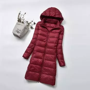 Легкий пуховик средней и длинной длины для женщин 2019 года, зимняя облегающая и тонкая, большого размера с капюшоном, легкий белый утиный пух M