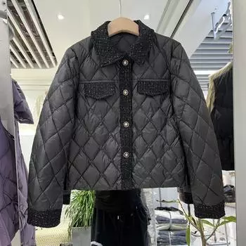 Легкий пуховик женский короткий новый маленький зимний тонкий белый утиный пух с отворотом темперамент милое пальто S чёрный