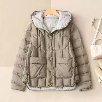 Легкий пуховик, женский короткий однобортный с капюшоном, свободный, прямой, осенне-зимний, белое пальто на утином пуху S хаки