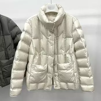 Легкий пуховик женский короткий осенне-зимний свободный воротник-стойка белое теплое пальто на утином пуху L бежевый