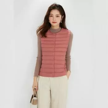 Легкий пуховик жилет женский 2024 новая зимняя одежда теплая внутри с однотонным жилетом подкладка пух 90% белый утиный пух S155/80A чёрный