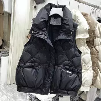 Легкий пуховый жилет женский короткий 2024 осень новый корейский вариант стоячий воротник пуховик жилет белый утиный пух куртка в иностранном стиле S чёрный